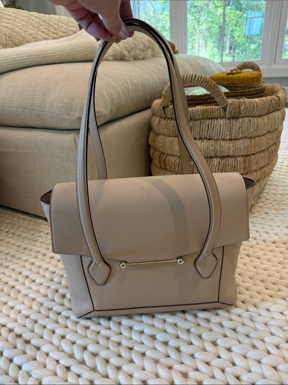 Strathberry Taupe Textured Leather Shoulder Bag with Gold Bar